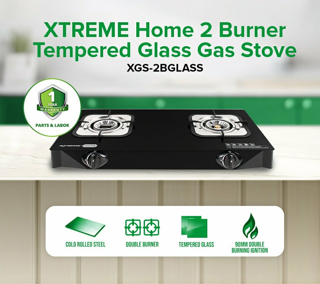 XTREME HOME 2-Burner Tempered Glass Gas Stove | XGS-2BGLASS